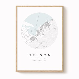 Impresión del mapa de la ciudad de Nelson: Arte mural minimalista en azul y gris