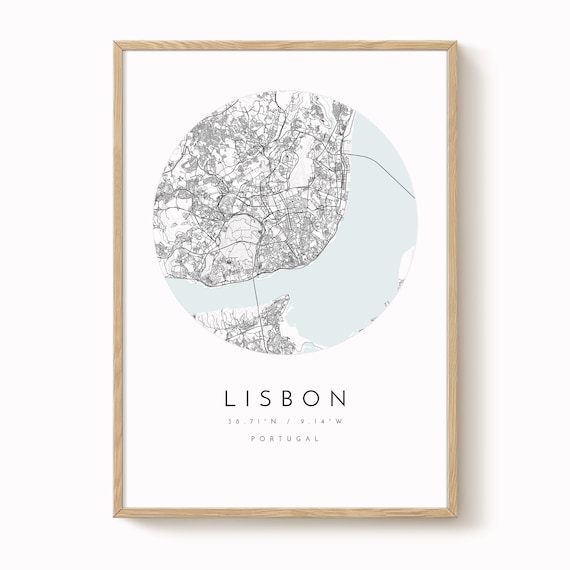 Lisbon City Map Print: Minimalist Blue Grey Wall Art