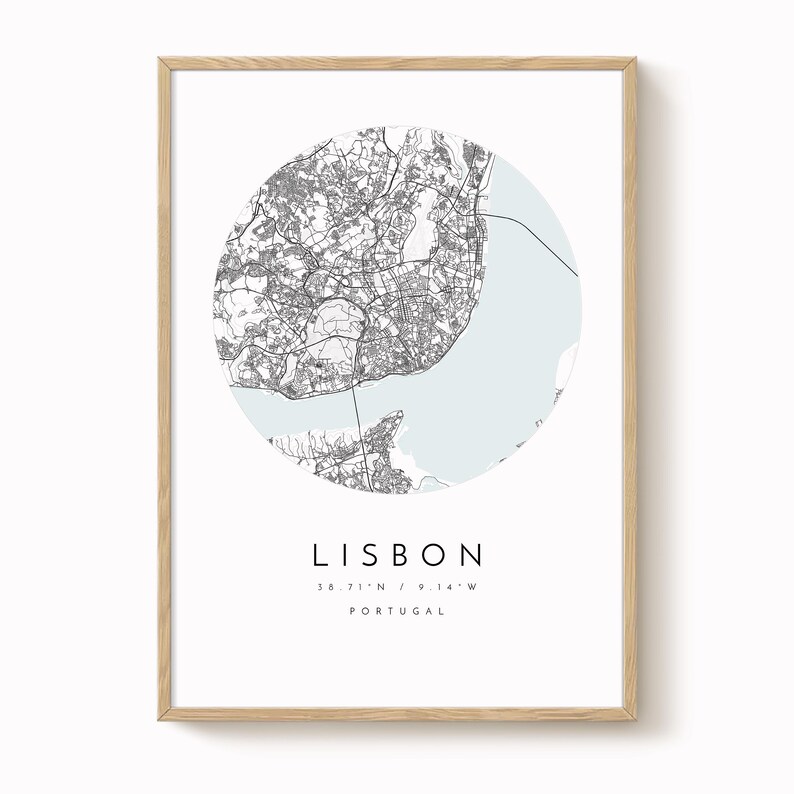 Impresión del mapa de la ciudad de Lisboa: Arte mural minimalista en azul y gris imagen 1