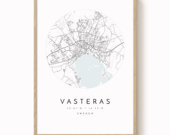 Vasteras Map Print: Minimalist City Art in Soft Blue and Grey