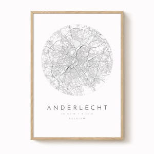 Impresión del mapa de Anderlecht: arte mural minimalista en azul y gris