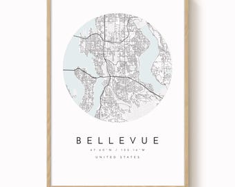 Bellevue Map Print - Moderne minimalistische Stadtwandkunst