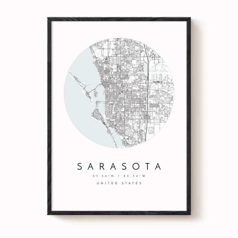 Sarasota Map Print: Minimalist Blue Grey City Wall Art image 2