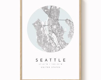 Seattle Wall Art Print: Minimalist City Map - Soft Blue Tones