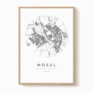 Mosul City Map Print: Minimalist Blue Grey Wall Art