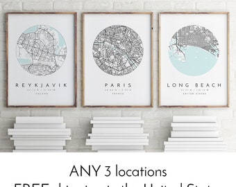 Personalized Map Print, Set of Three, Map Prints, Custom Locations, Your Choice, Anniversary, Custom Map, Home Town Map, City Map