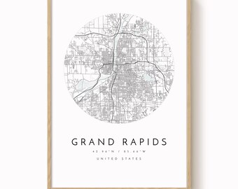 Grand Rapids Map Print: Modern Minimalist Design - Blue Grey Art