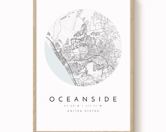 Oceanside City Map Print - Soft Blue, Grey Minimalist Design
