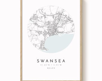 Wydruk mapy Swansea: Współczesna sztuka ścienna miasta (papier matowy, różne rozmiary)
