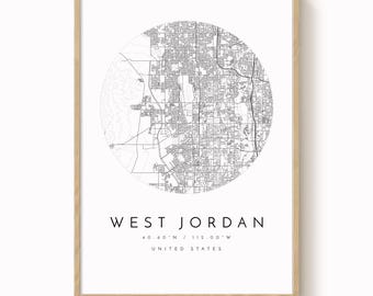 Wydruk mapy West Jordan: Współczesna sztuka miejska (papier matowy, różne rozmiary)