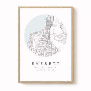 Everett Washington Map Print, Minimalist Blue Grey (Multiple Sizes)