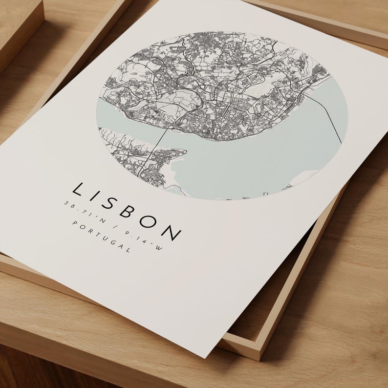 Impresión del mapa de la ciudad de Lisboa: Arte mural minimalista en azul y gris imagen 9