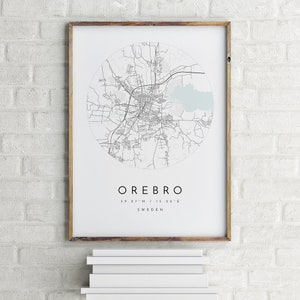 Carte d'Orebro, Orebro, Suède, carte de la ville, carte de la ville natale, impression d'Orebro, art mural, carte affiche, art de la carte minimaliste, mapologiste, cadeau