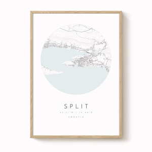 Split Croatia Map Print: Minimalist Blue Grey City Wall Art