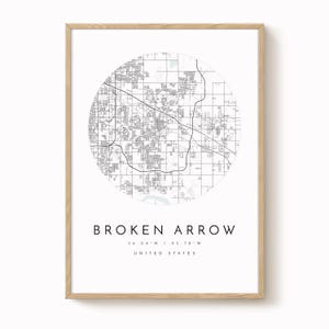 Impresión del mapa de la ciudad de Broken Arrow, arte minimalista azul grisáceo (varios tamaños)