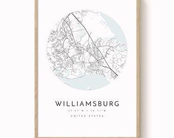 Mapa miasta Williamsburg: Współczesne wydruki sztuki ściennej (5 opcji rozmiarów)