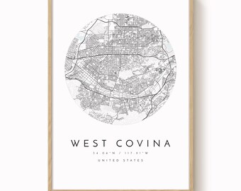 Plakat z mapą West Covina – czysty design w kolorze niebieskim i szarym