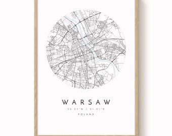 Plakat z mapą Warszawy: minimalistyczna sztuka miejska w kolorze niebieskim i szarym