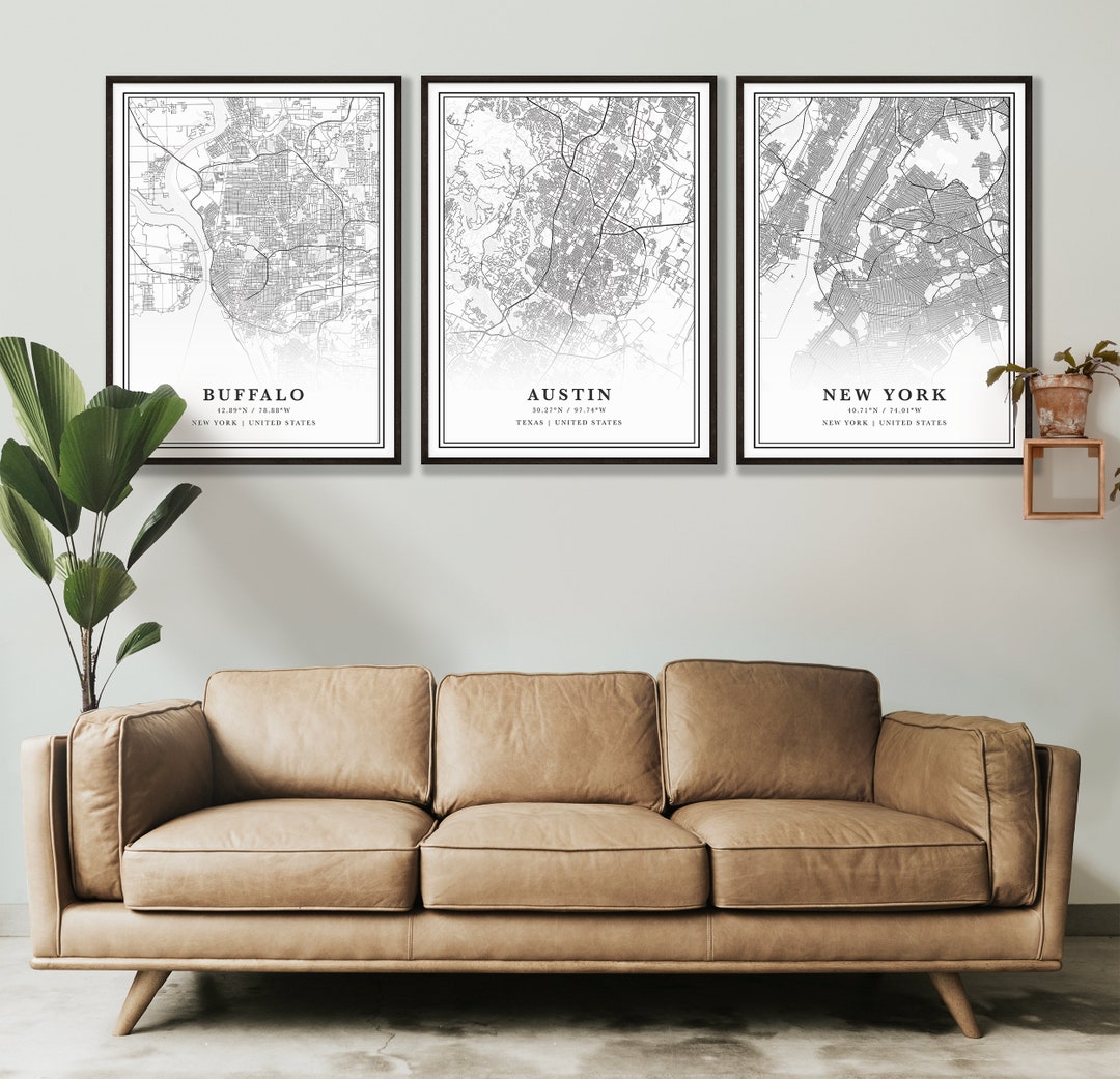 Set of Three Personalized Map Prints, Custom Map Canvas, Map Print