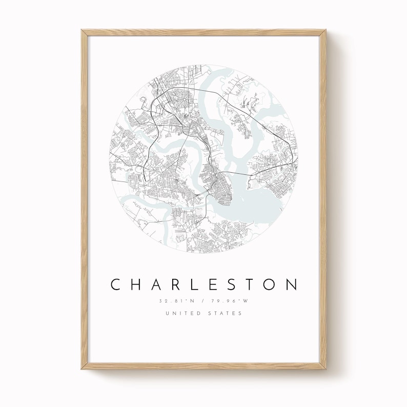 Charleston Wall Art Print: Modern City Map (8x10 to 24x36 inches) image 1