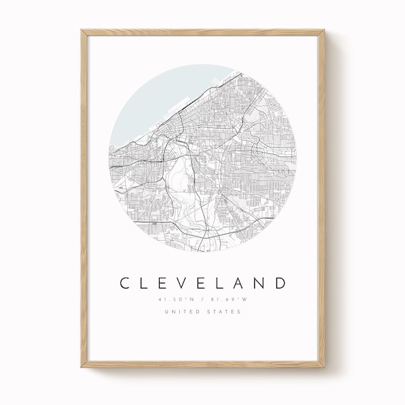 Cleveland Map Print: Grey Blue Minimalist Design - Matte Paper