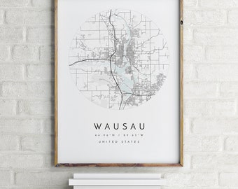 Carte de Wausau, Wausau, Wisconsin, carte de la ville, carte de la ville natale, impression de Wausau, art mural, carte affiche, art de la carte minimaliste, mapologiste, cadeau