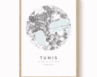 Wydruk mapy miasta Tunis: Minimalistyczna niebiesko-szara sztuka ścienna