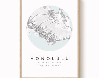 Honolulu City Map Print, Minimalist Blue Tones (Multiple Sizes)