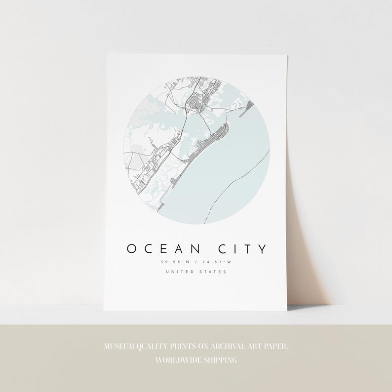 Ocean City Wall Art Print - Simple Blue and Grey Map image 3
