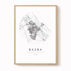 Basra City Map Print: Minimalist Wall Art in Soft Blue and Grey