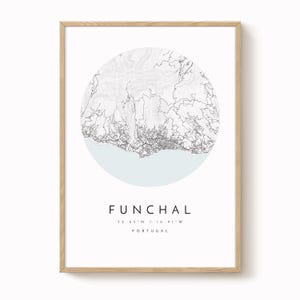 Funchal Map Print, Portugal, Minimalist Blue and Grey (Multiple Sizes)