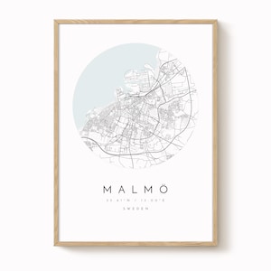 Malmo Map Print: Minimalist City Art in Pale Blue and Grey