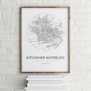 Carte de Kitchener-Waterloo, Kitchener-Waterloo, Canada, carte de la ville, carte de la ville natale, impression de Kitchener-Waterloo, carte affiche, art de la carte minimaliste, cadeau