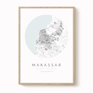 Impresión minimalista del mapa de Makassar: tonos azules y grises suaves