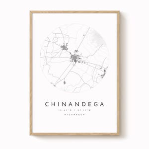 Impresión del mapa de la ciudad de Chinandega: Arte mural minimalista en azul y gris