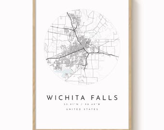 Grafika ścienna Wichita Falls: Nowoczesna, minimalistyczna mapa – delikatne odcienie błękitu