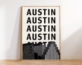 Austin Stadtdruck, schwarz weiß, Austin typografische Kunst, Austin Wandkunst, Austin Poster, Austin Foto, Austin Schwarz-Weiß-Poster, Austin
