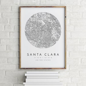 サンタクララ地図、カリフォルニア州サンタクララ、市街地図、故郷の地図、サンタクララのプリント、壁画、地図ポスター、ミニマリスト地図アート、地図学者