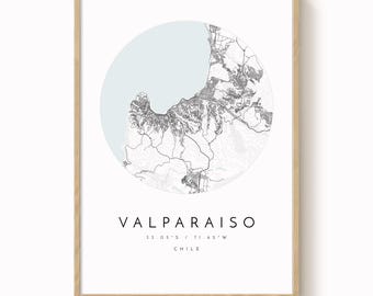 Plakat z mapą Valparaiso: Czysty, minimalistyczny design (wydruk na papierze matowym)