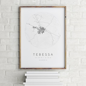 Carte de Tébessa, Tébessa, Algérie, carte de la ville, carte de la ville natale, impression de Tébessa, art mural, carte affiche, art de la carte minimaliste, mapologiste, cadeau