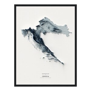 Mapa da Croácia, impressão de mapa de elevação, arte do mapa, paisagem da Croácia, arte geológica, arte topográfica, mapa do terreno, mapa geológico, arte do mapa, Croácia
