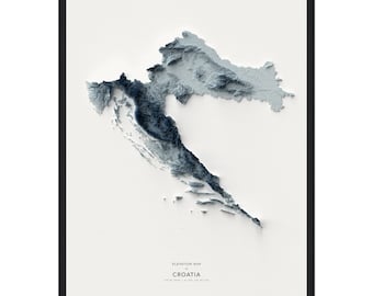 May include: A blue and white elevation map of Croatia. The map shows the country's topography with varying shades of blue representing different elevations. The map is framed in a black frame and includes the text "Elevation Map of Croatia" and "17th DEM | 1:1,000,000 Scale | 30 mi/50 km".