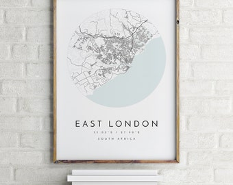 East London Map, East London, Afrique du Sud, City Map, Home Town Map, East London Print, wall art, Map Poster, Minimalist Map Art, mapologist