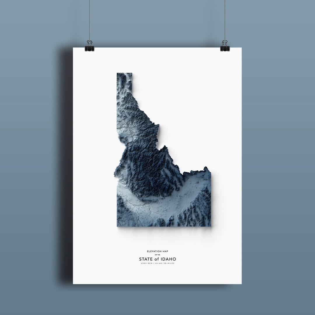 Idaho Map, Elevation Map Print, Map Artwork, Idaho Landscape, Geology