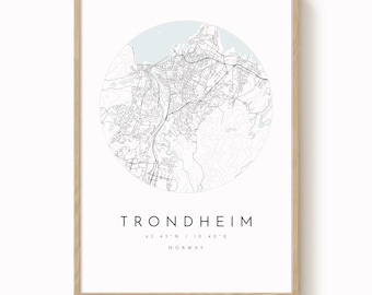 Mapa ścienna Trondheim – minimalistyczny wydruk w delikatnym, niebiesko-szarym kolorze