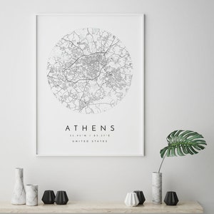 Carte d'Athènes, Athènes, Géorgie, carte de la ville, carte de la ville natale, impression d'Athènes, art mural, affiche de la carte, art de la carte minimaliste, mapologiste, cadeau