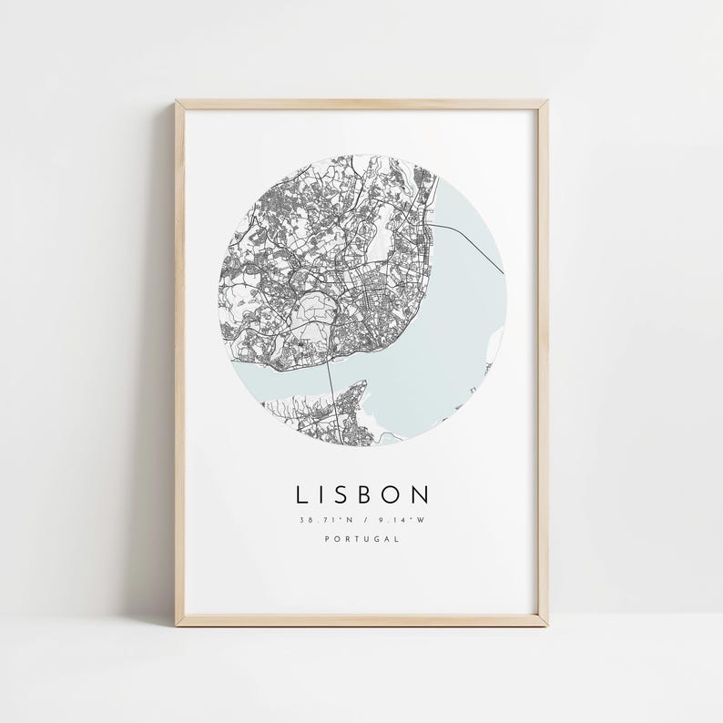 Impresión del mapa de la ciudad de Lisboa: Arte mural minimalista en azul y gris imagen 10