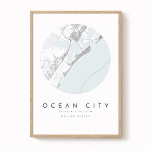 Ocean City Wall Art Print - Simple Blue and Grey Map image 1