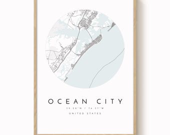 Ocean City Wall Art Print - Simple Blue and Grey Map