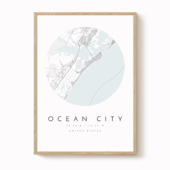 Ocean City Wall Art Print - Simple Blue and Grey Map